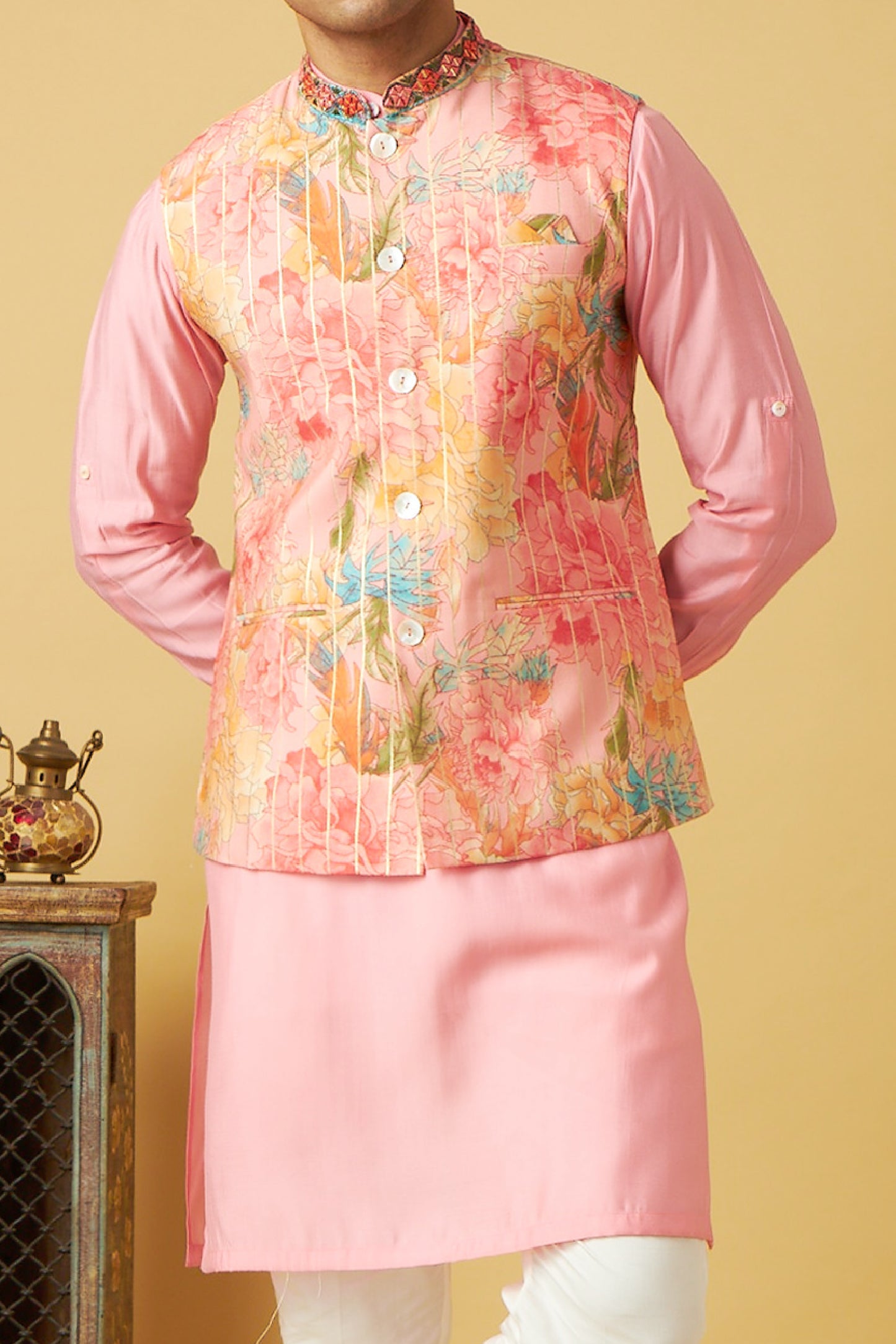 Light pink Floral print jacket kurta set