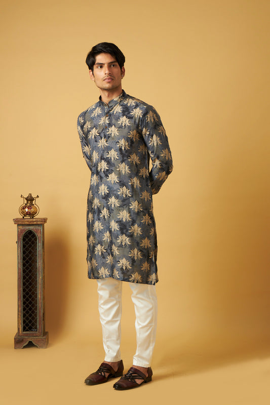 Blue Gold Print Floral Kurta