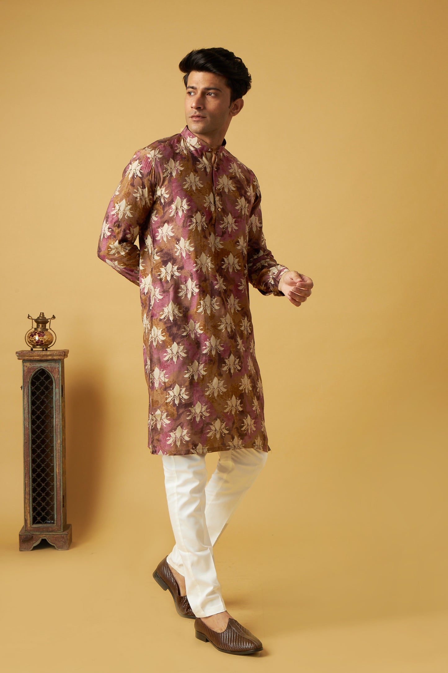 Pink Gold Print Floral Kurta