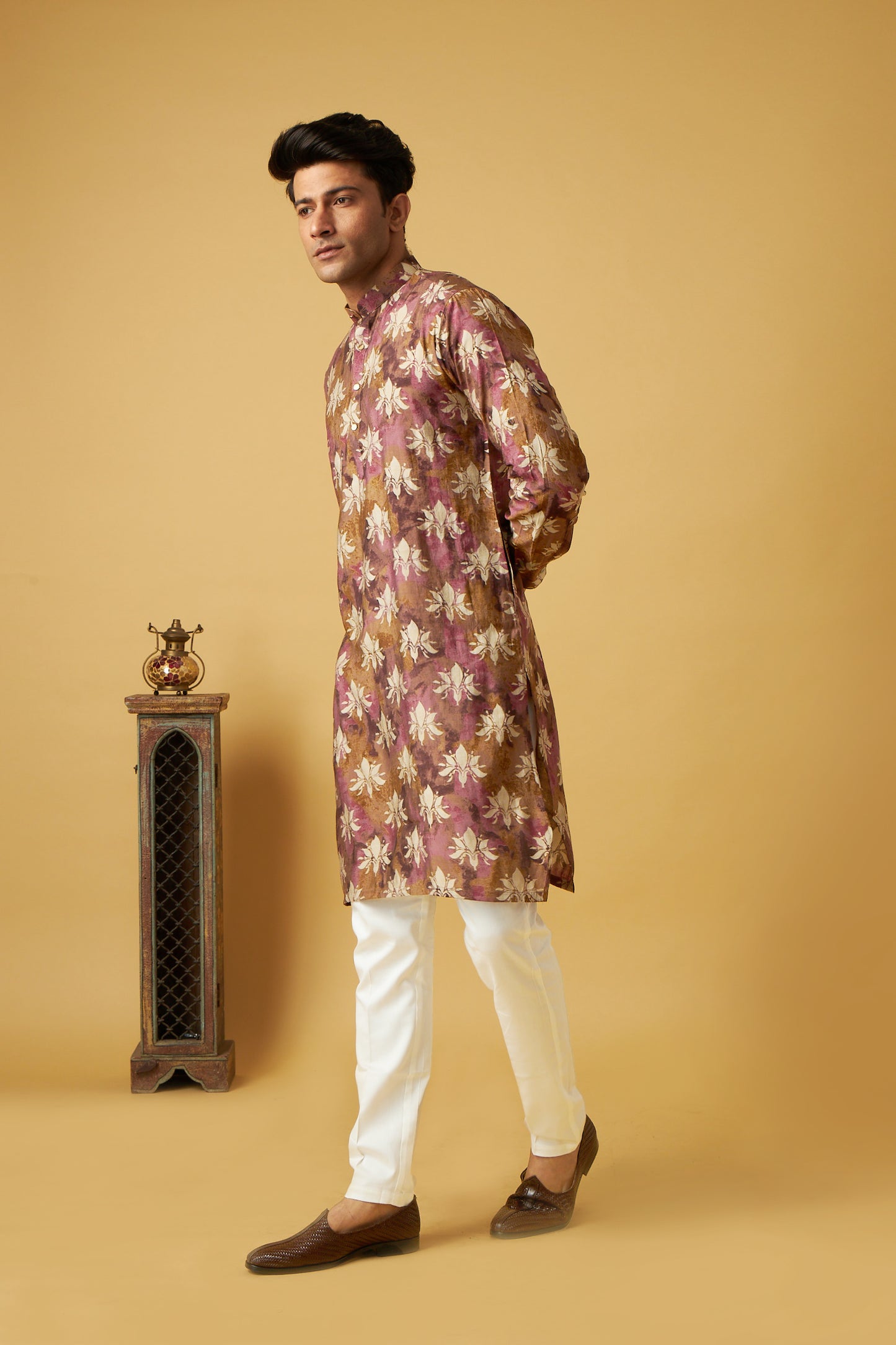 Pink Gold Print Floral Kurta