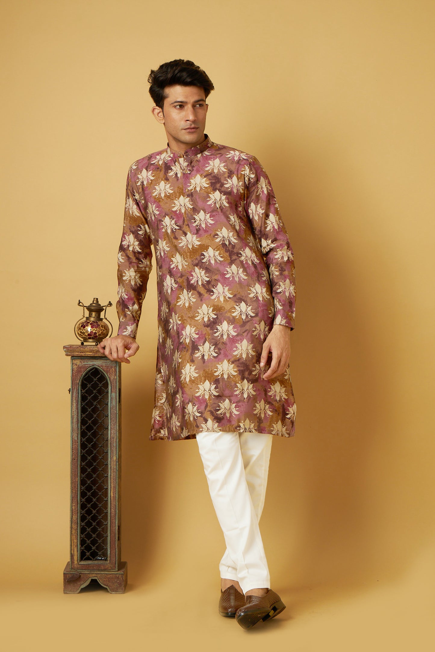 Pink Gold Print Floral Kurta