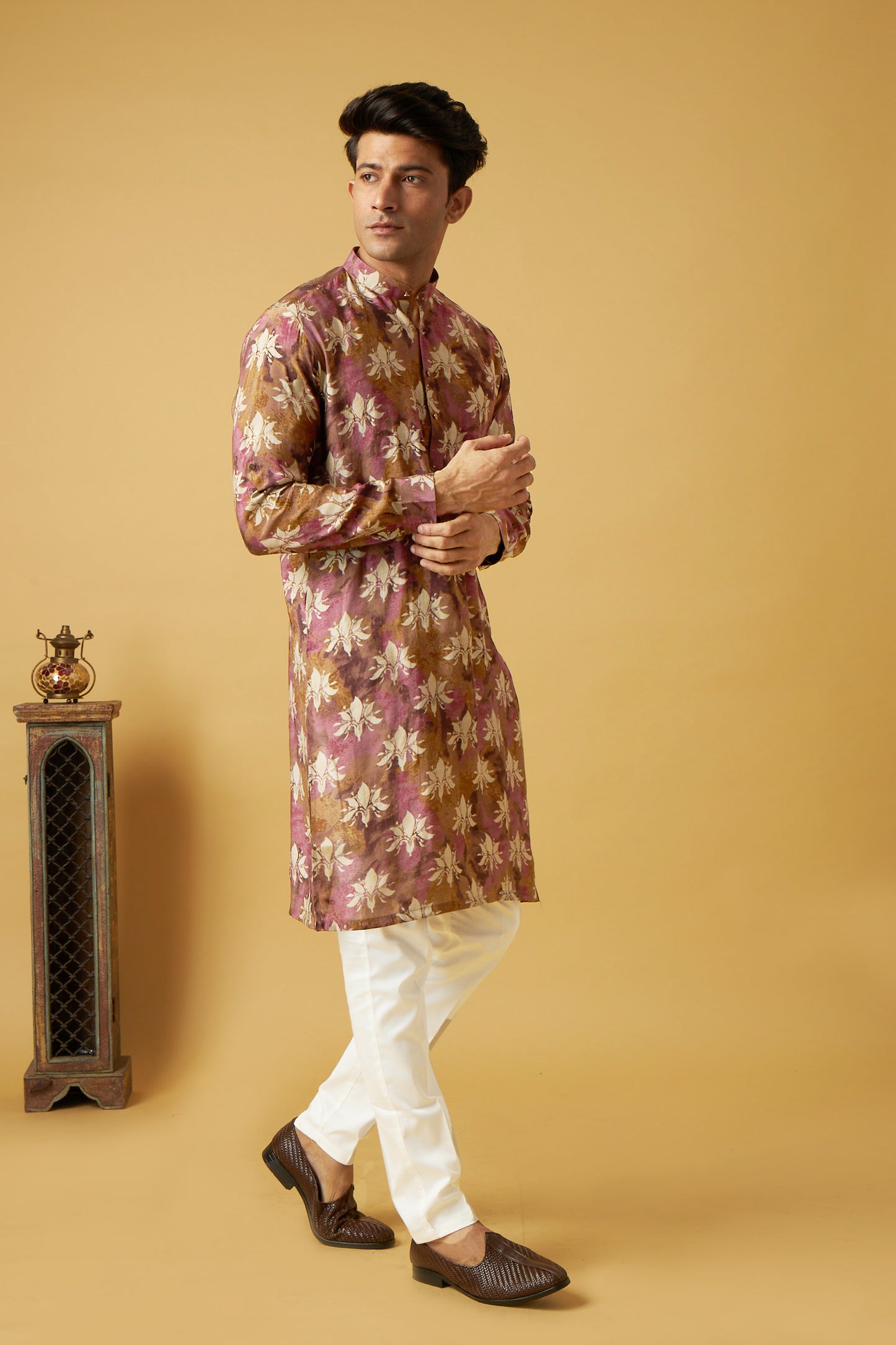 Pink Gold Print Floral Kurta