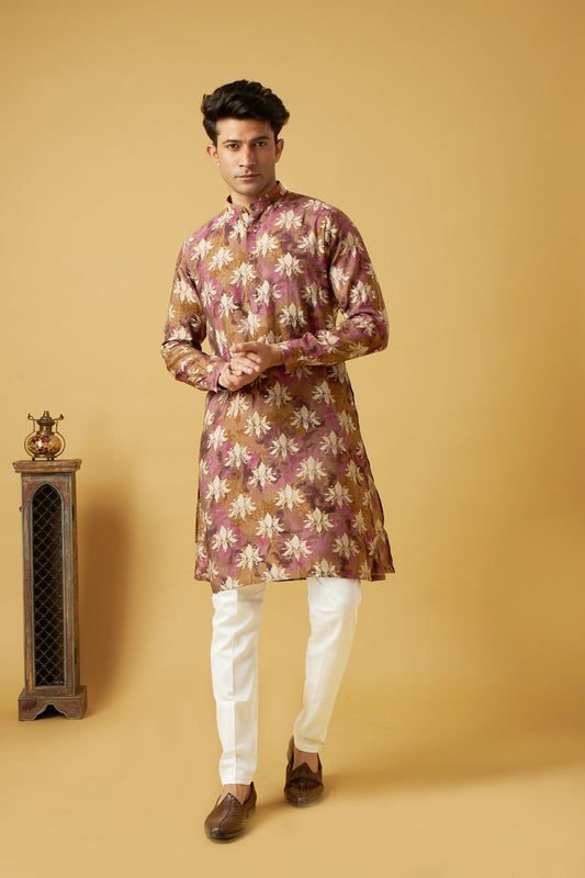 Pink Gold Print Floral Kurta