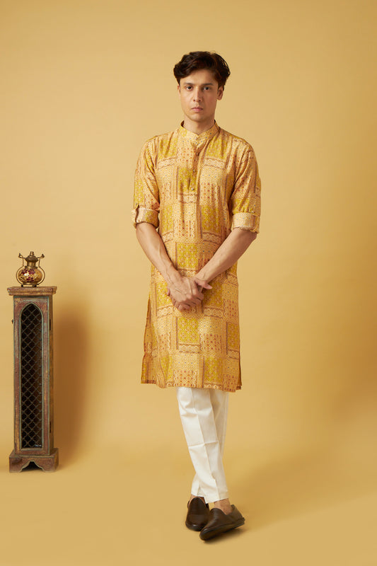 Yellow Floral Print Bandhani Kurta Set