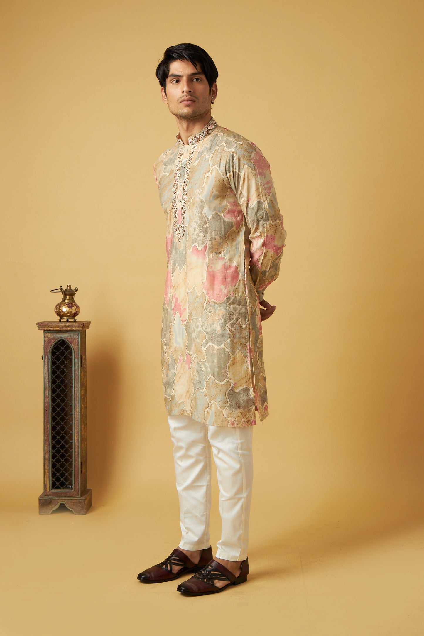 pink designer floral print kurta set