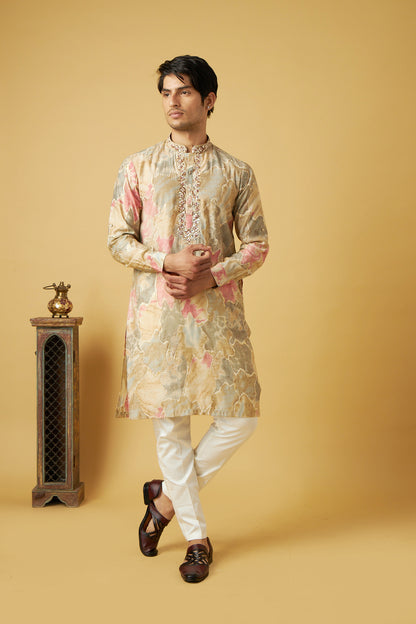 pink designer floral print kurta set