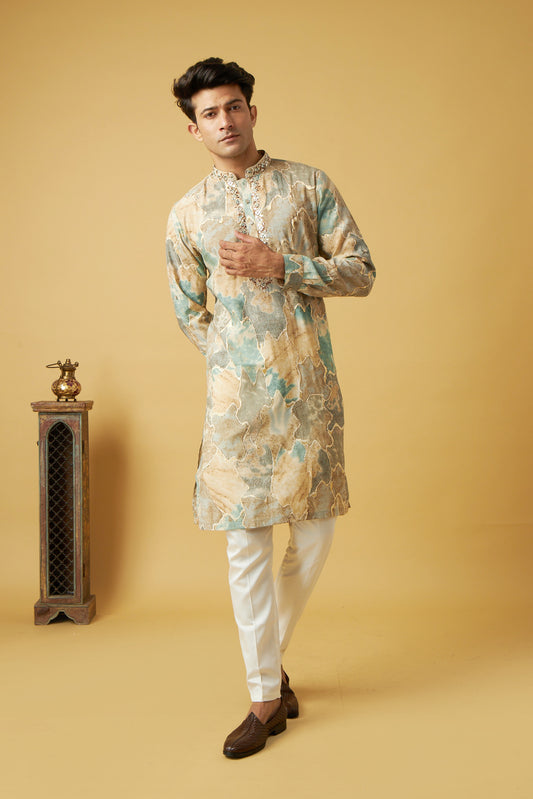 Blue designer floral print kurta set