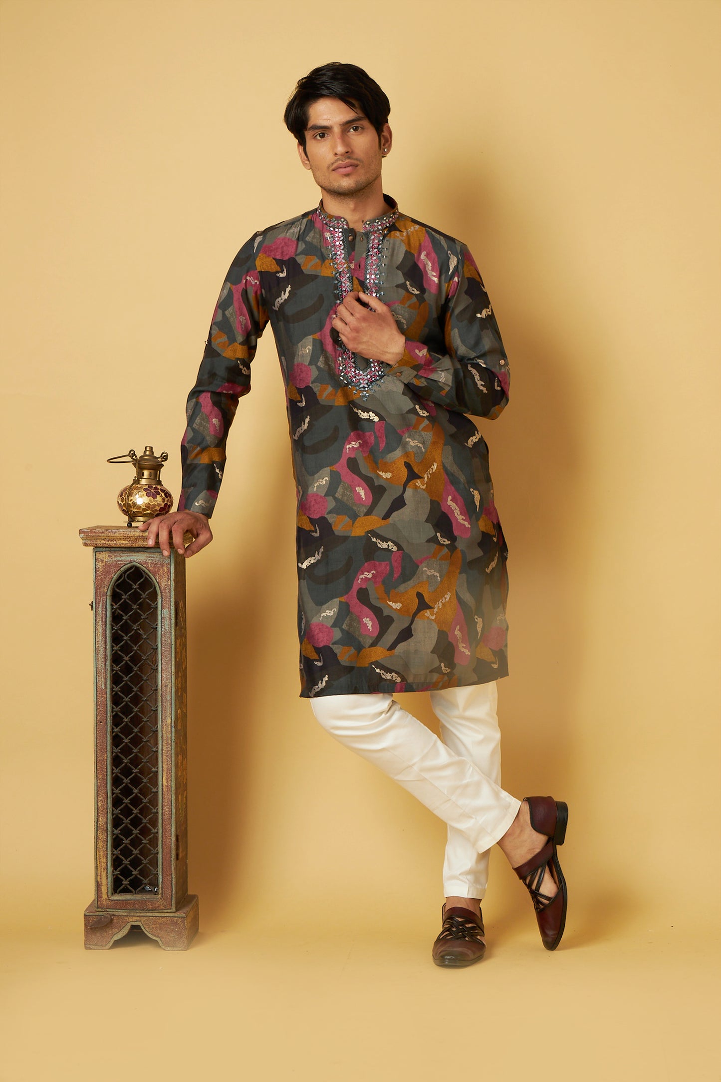 Grey gold foil with mirror work kurta set