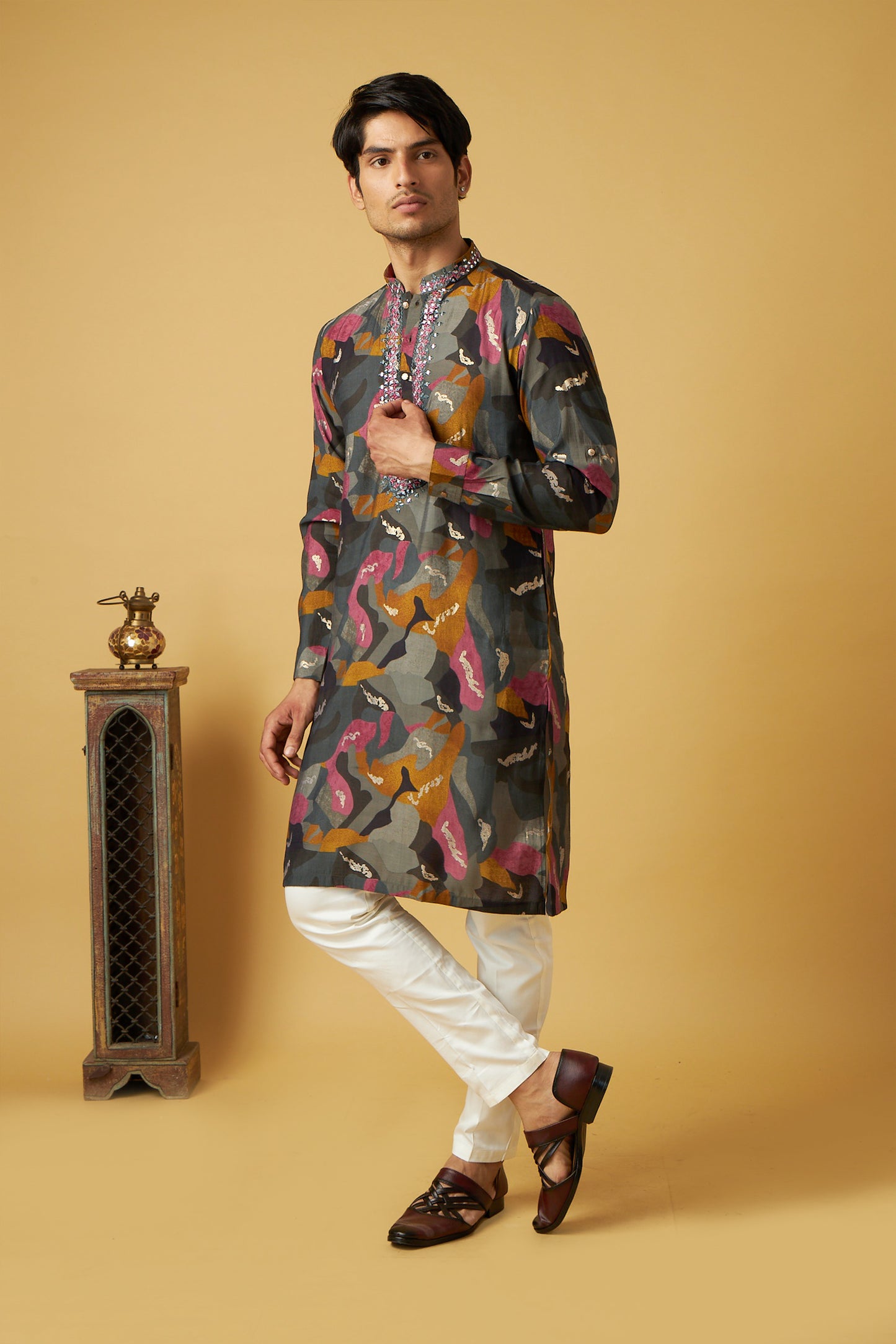 Grey gold foil with mirror work kurta set