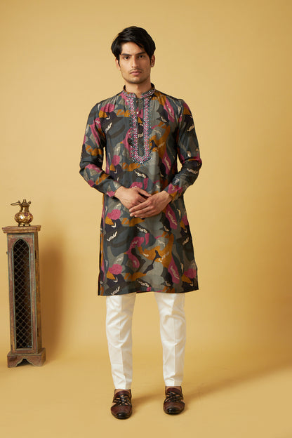 Grey gold foil with mirror work kurta set