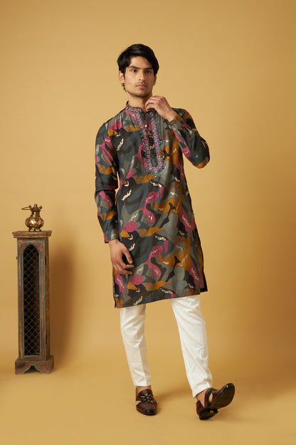 Grey gold foil with mirror work kurta set