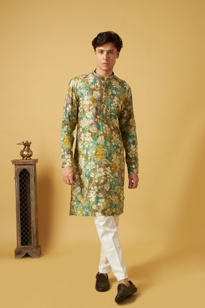 Olive Green Leaf Floral Print Kurta set