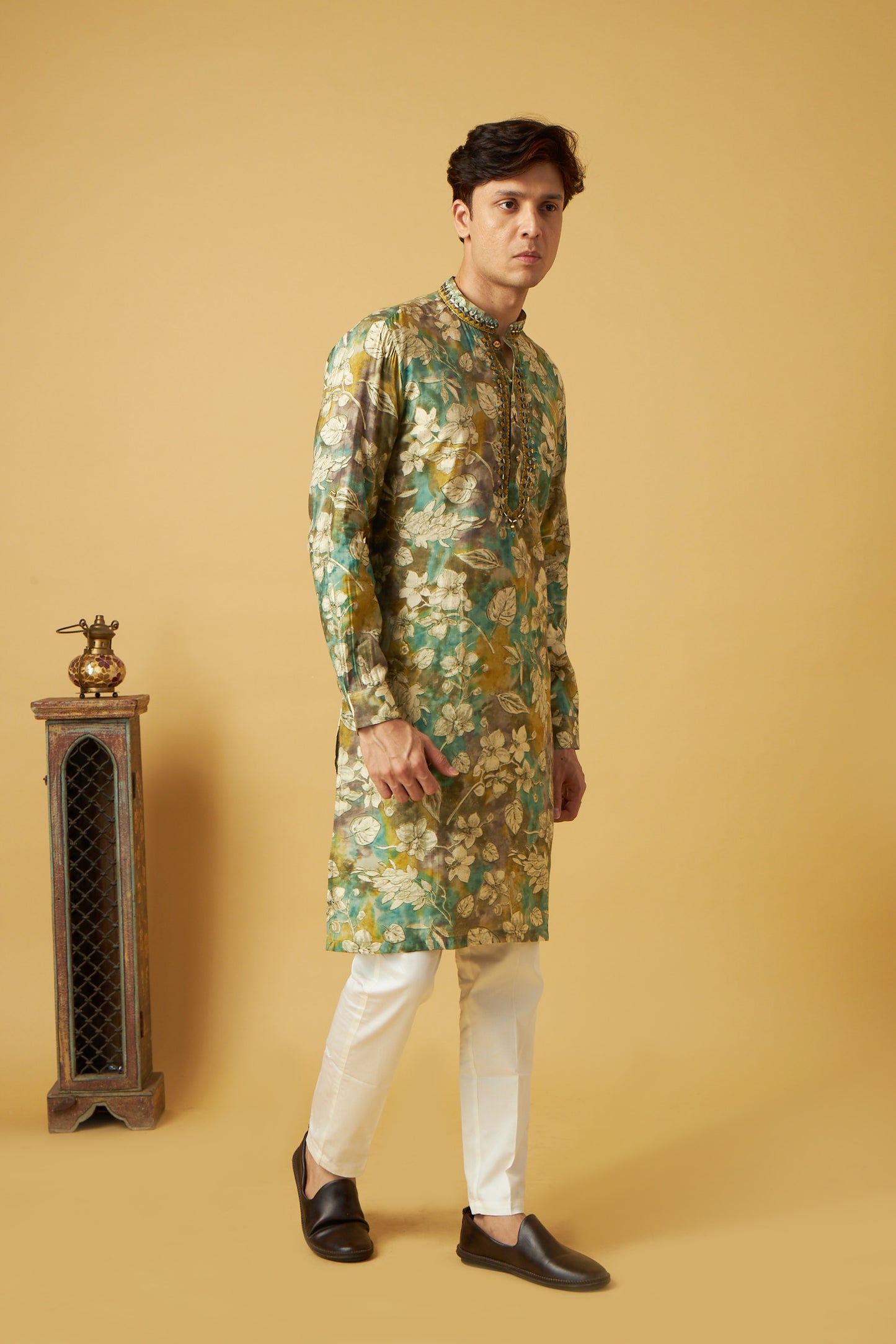 Olive Green Leaf Floral Print Kurta set