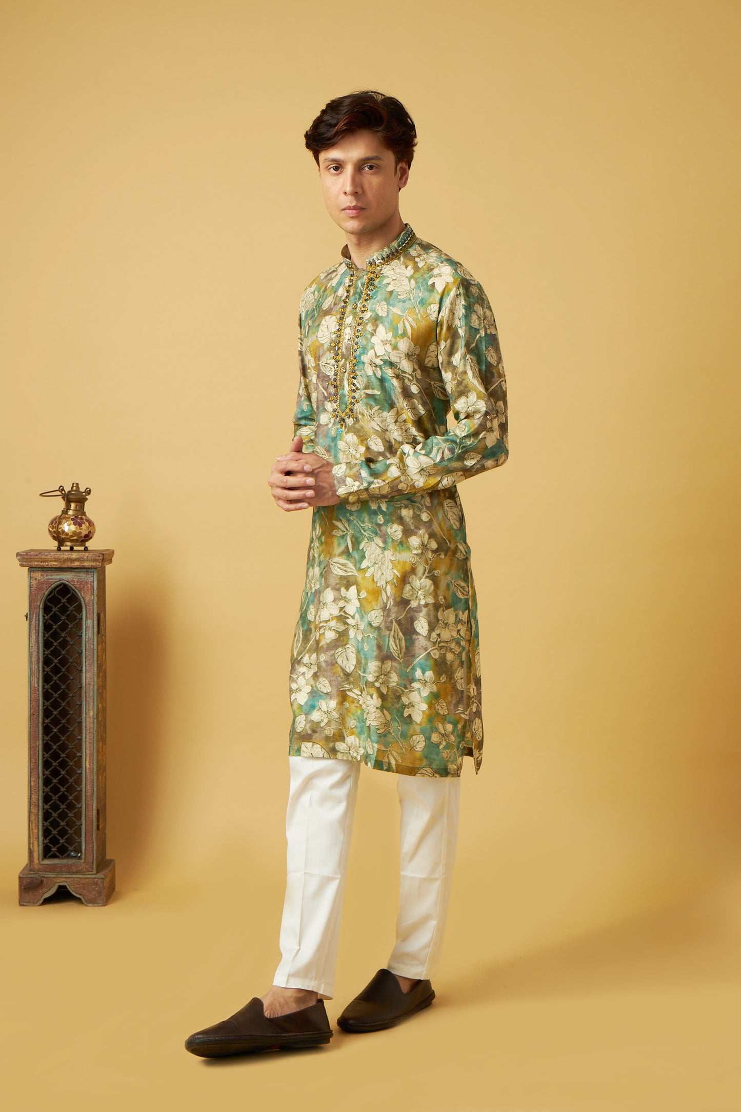 Olive Green Leaf Floral Print Kurta set