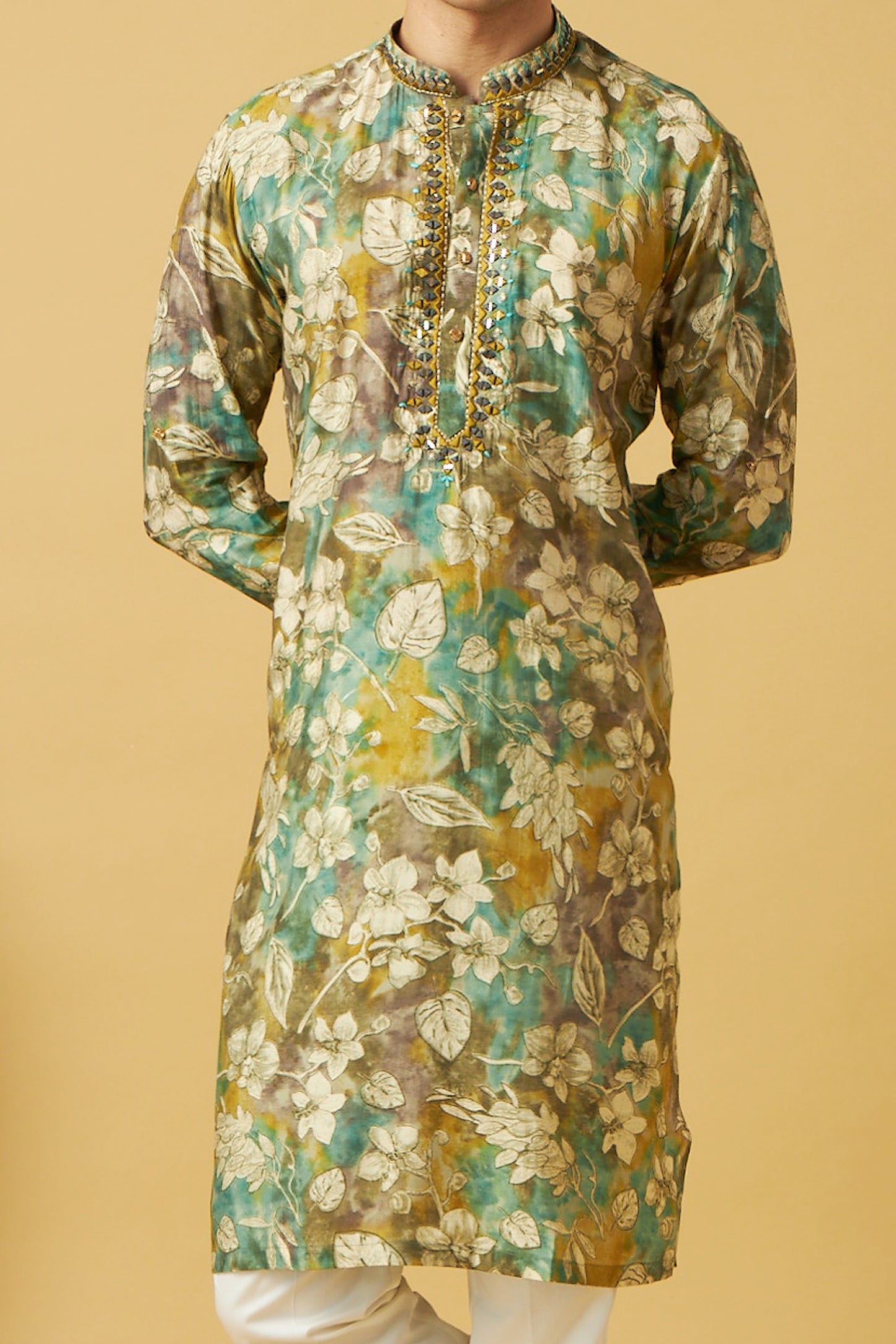 Olive Green Leaf Floral Print Kurta set