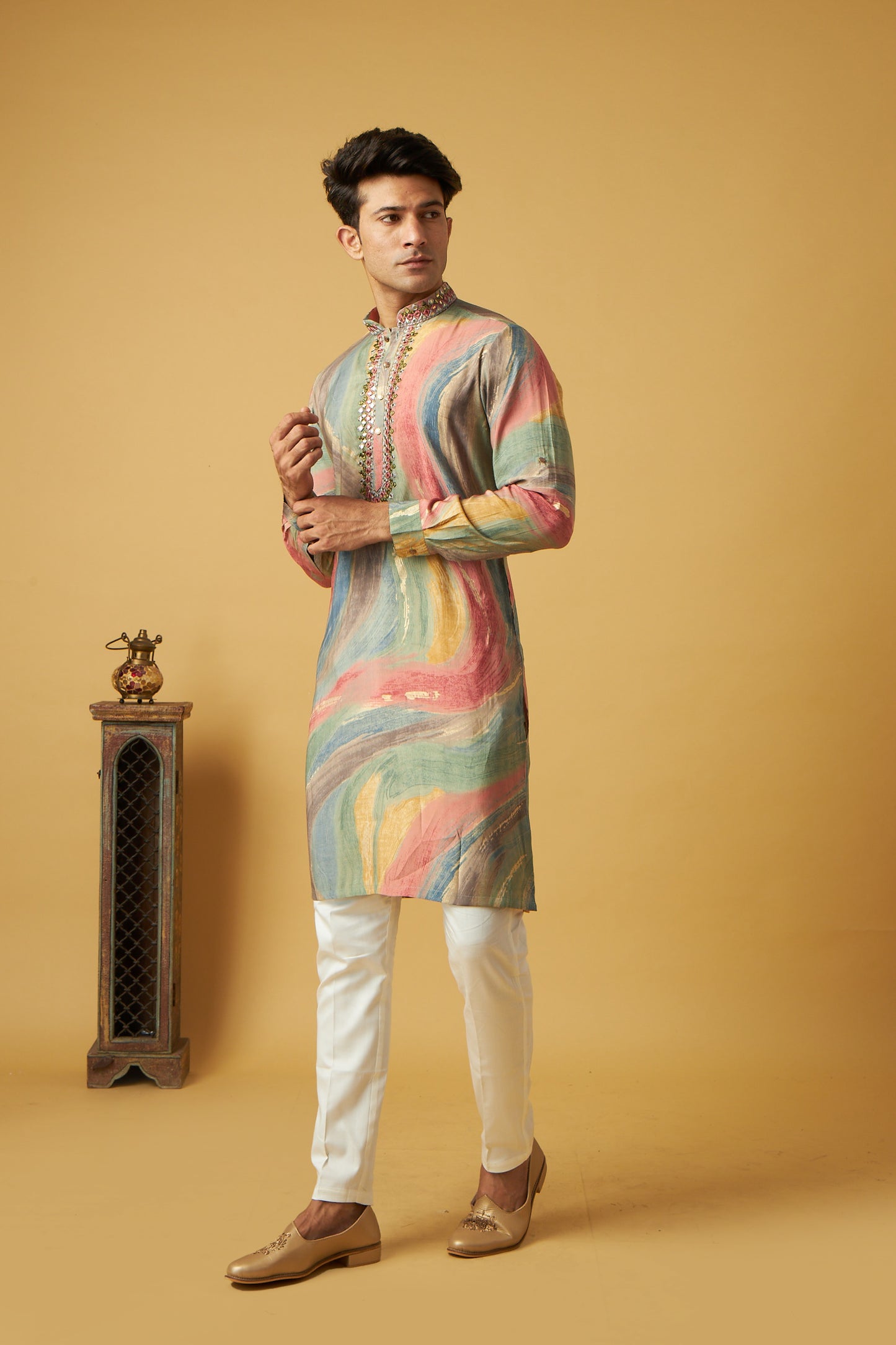 Multicolor mirror work kurta set