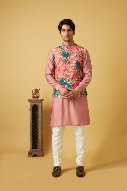 Pink Flower Jacket Kurta Set