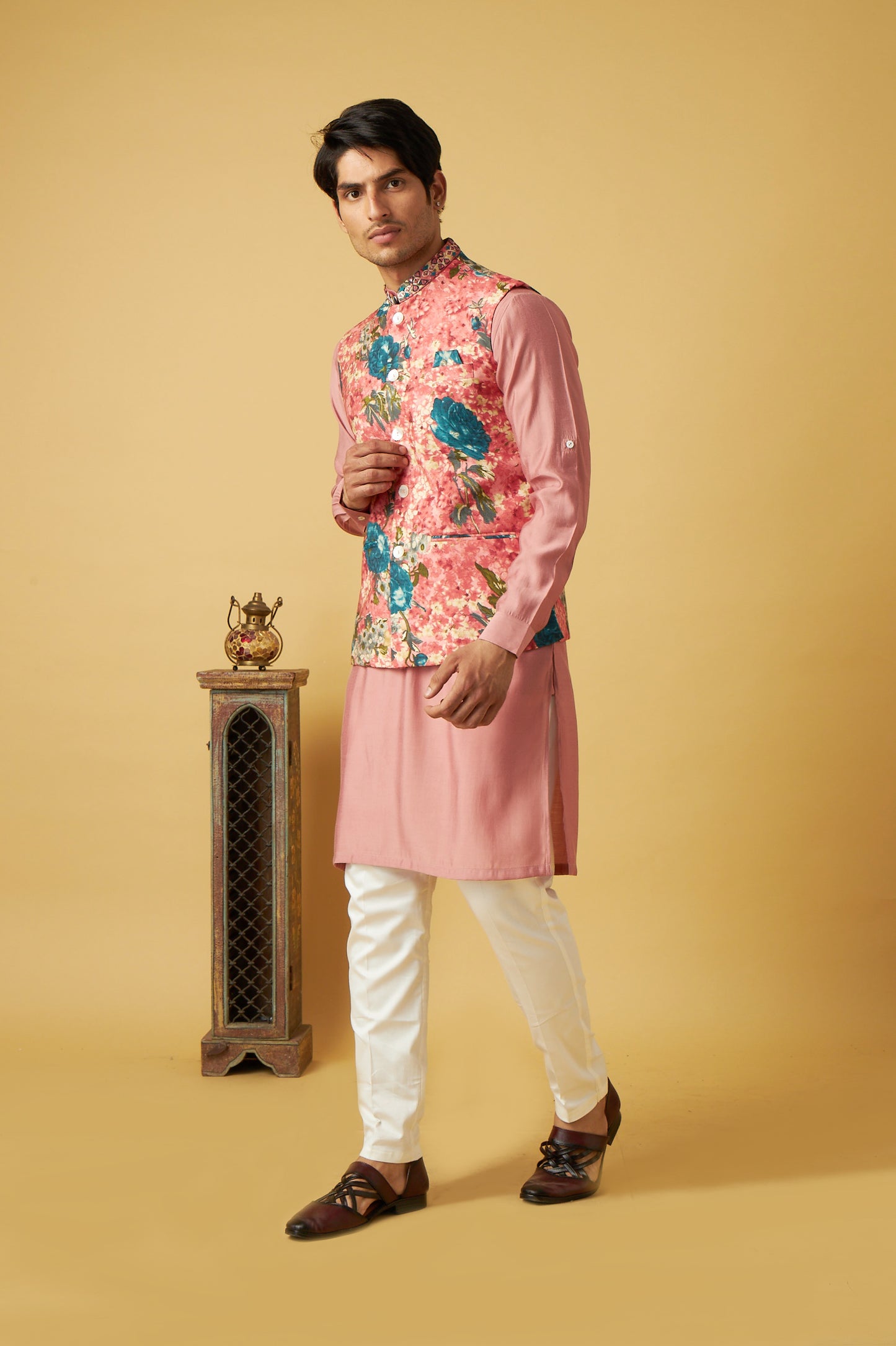 Pink Flower Jacket Kurta Set