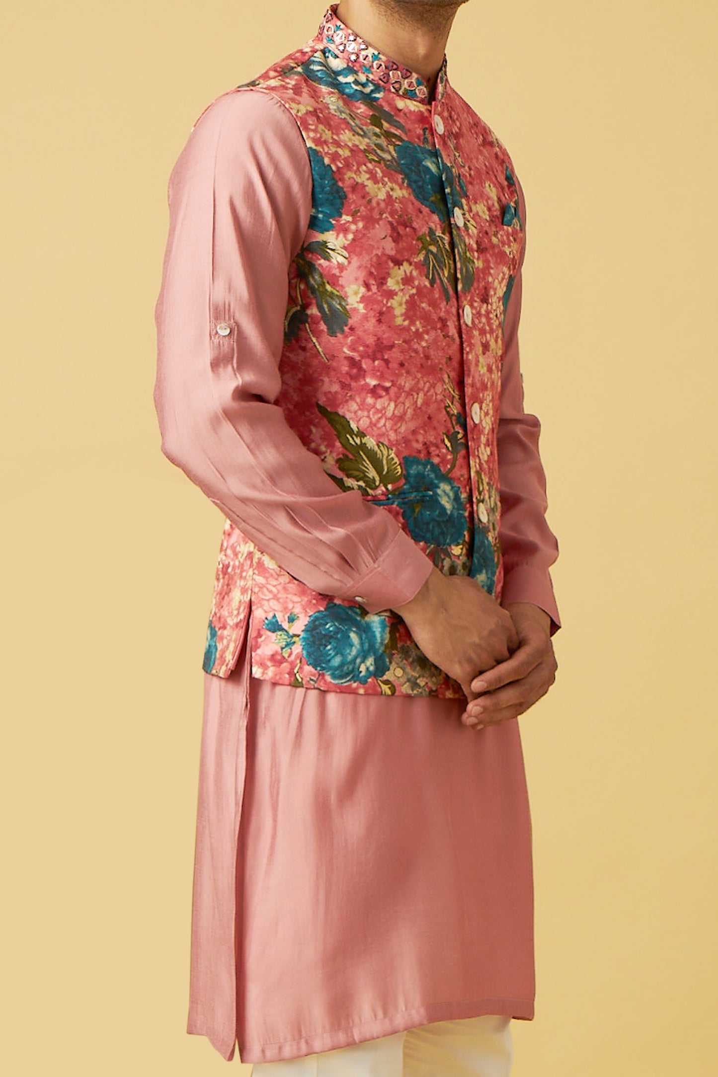 Pink Flower Jacket Kurta Set