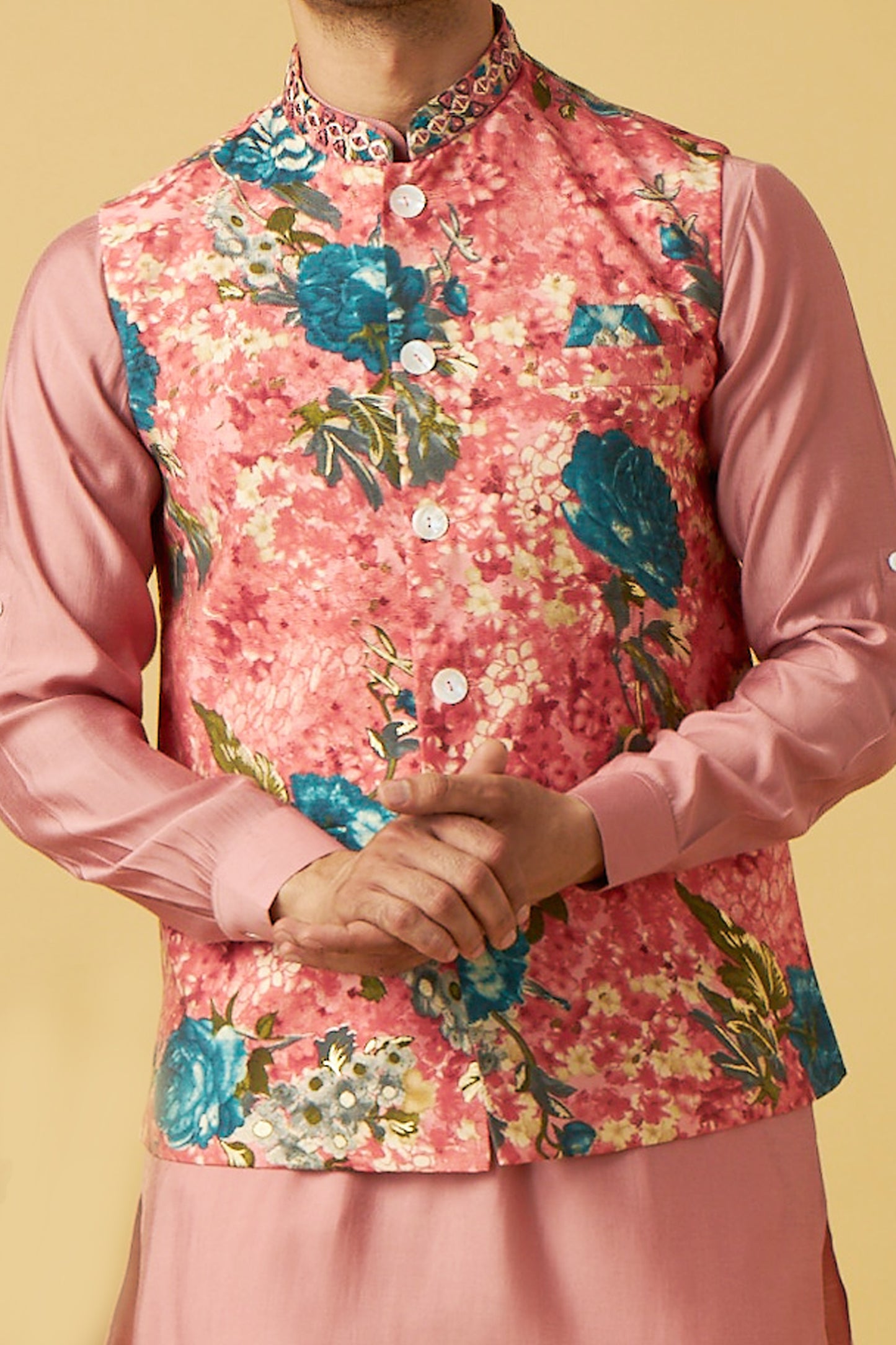 Pink Flower Jacket Kurta Set