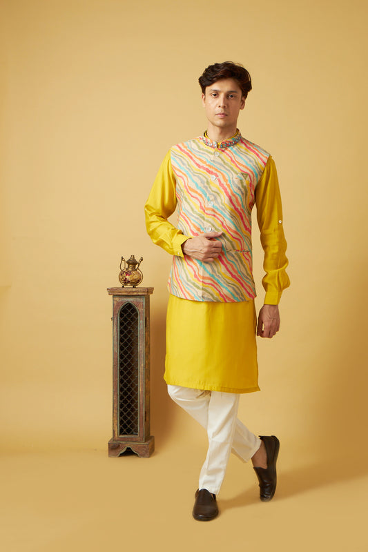 Yellow Floral Print Jacket and Kurta Set