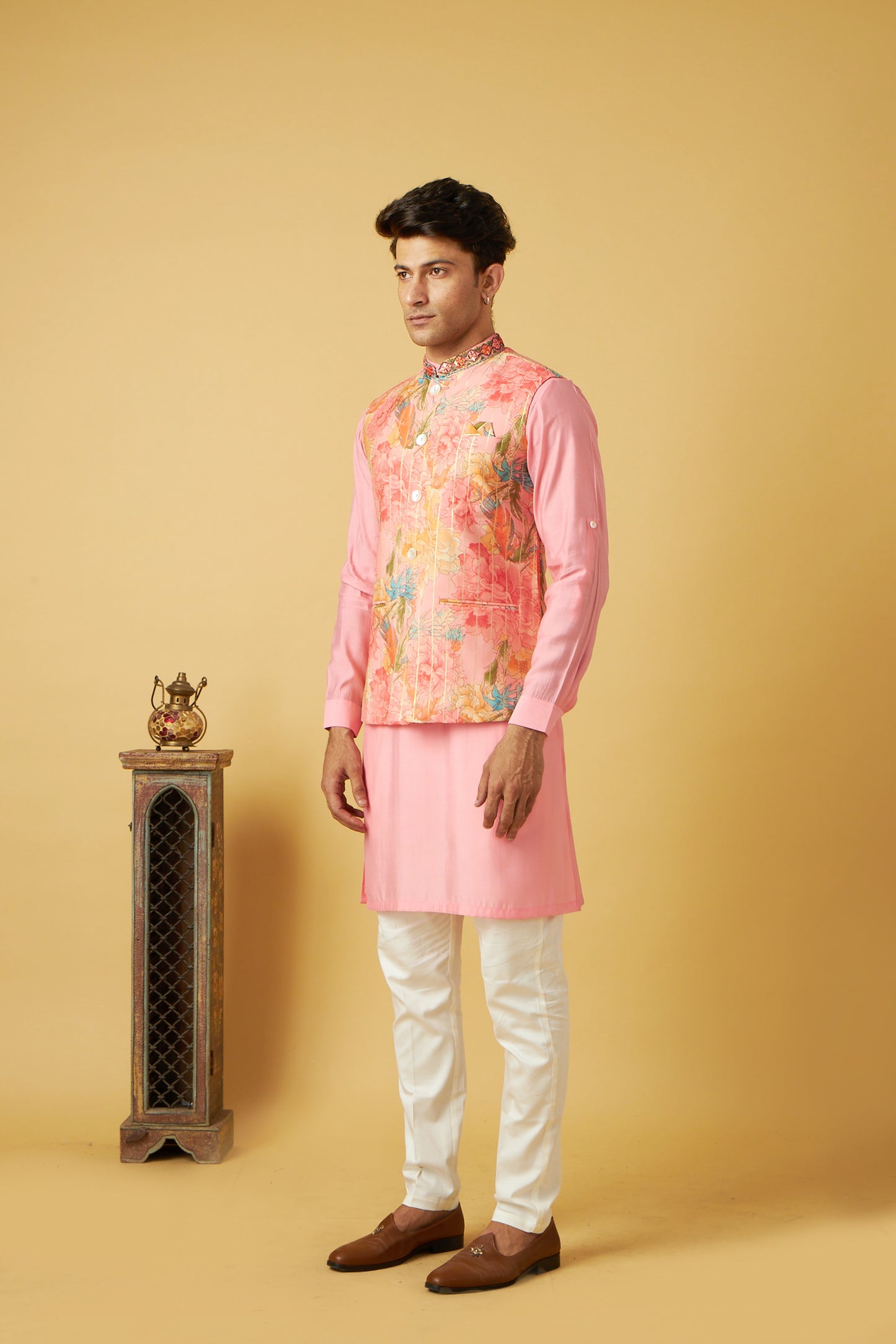 Light pink Floral print jacket kurta set