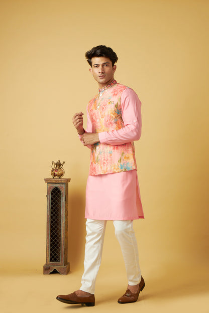 Light pink Floral print jacket kurta set