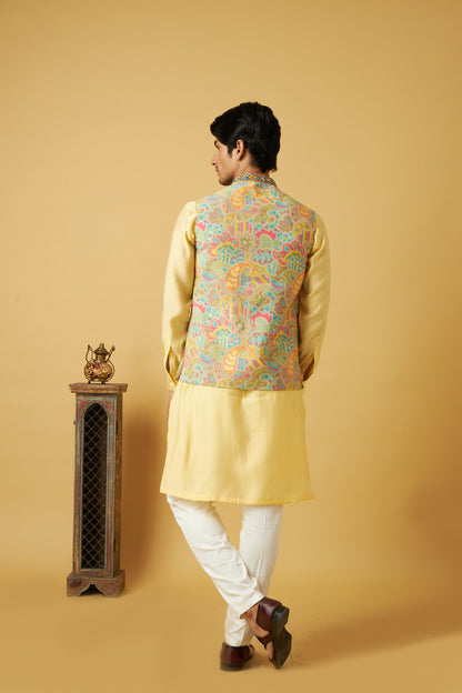 Yellow Floral Print Jacket kurta Set