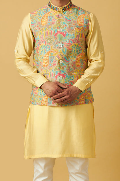 Yellow Floral Print Jacket kurta Set