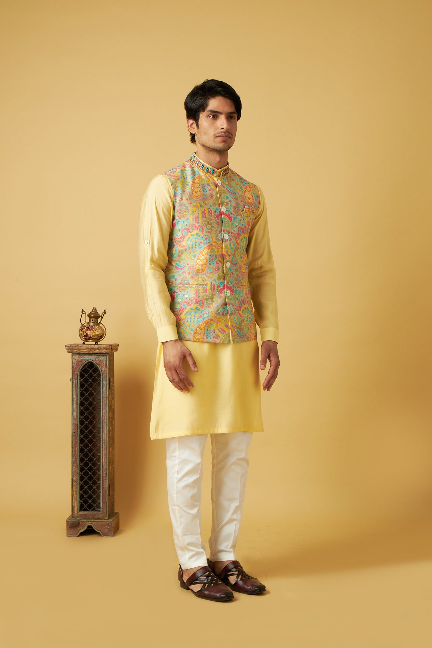 Yellow Floral Print Jacket kurta Set