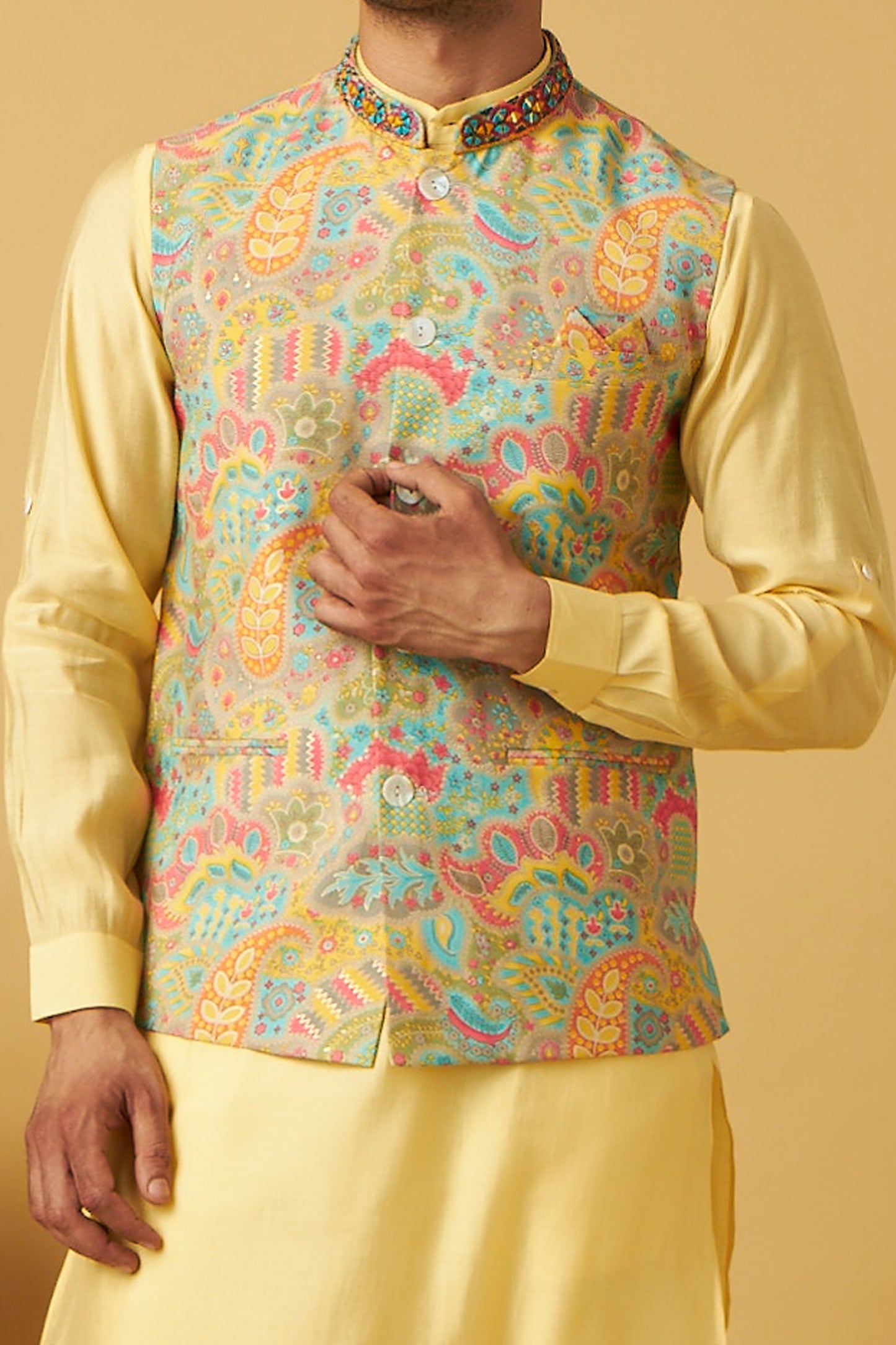 Yellow Floral Print Jacket kurta Set