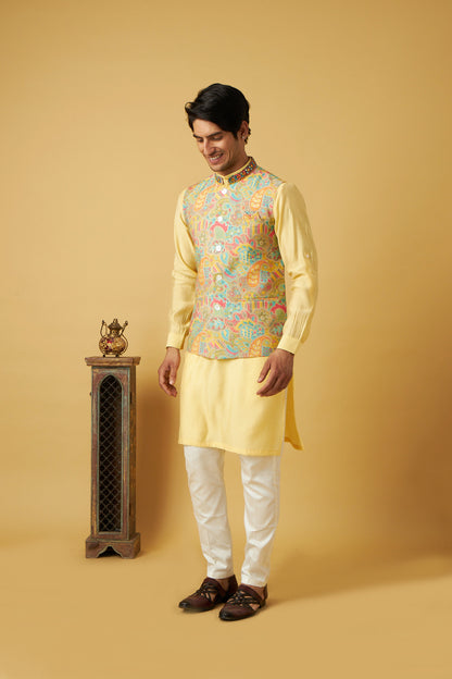 Yellow Floral Print Jacket kurta Set