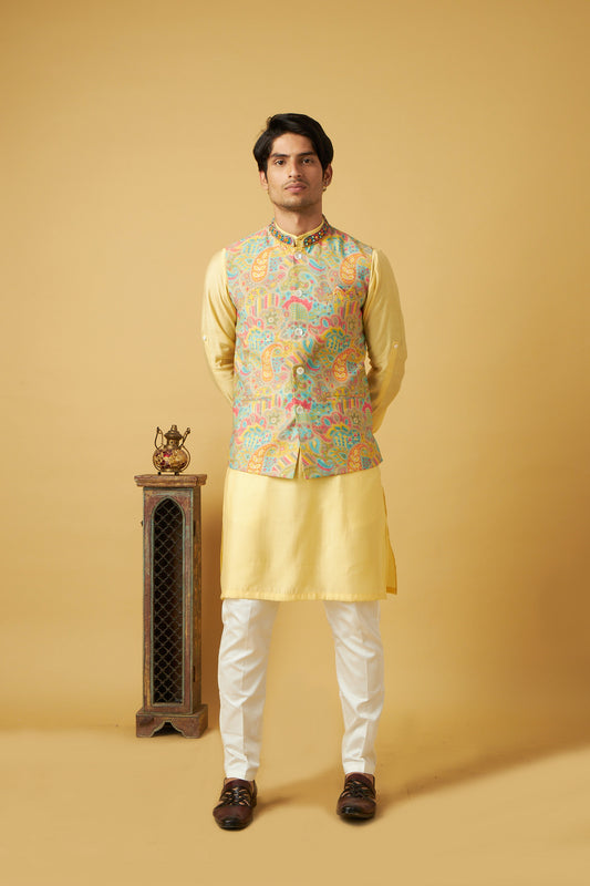 Yellow Floral Print Jacket kurta Set