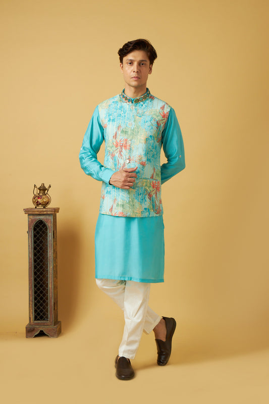 Blue Floral print Jacket And Kurta