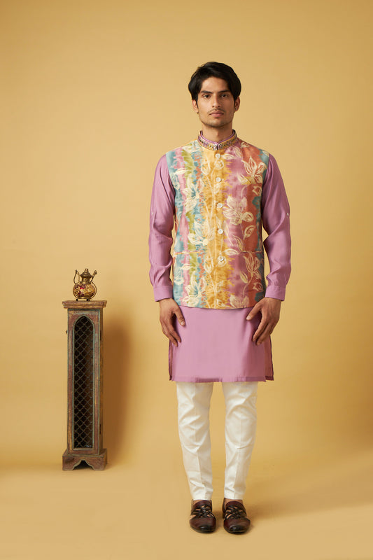 Purple Floral Print Jacket Kurta Set