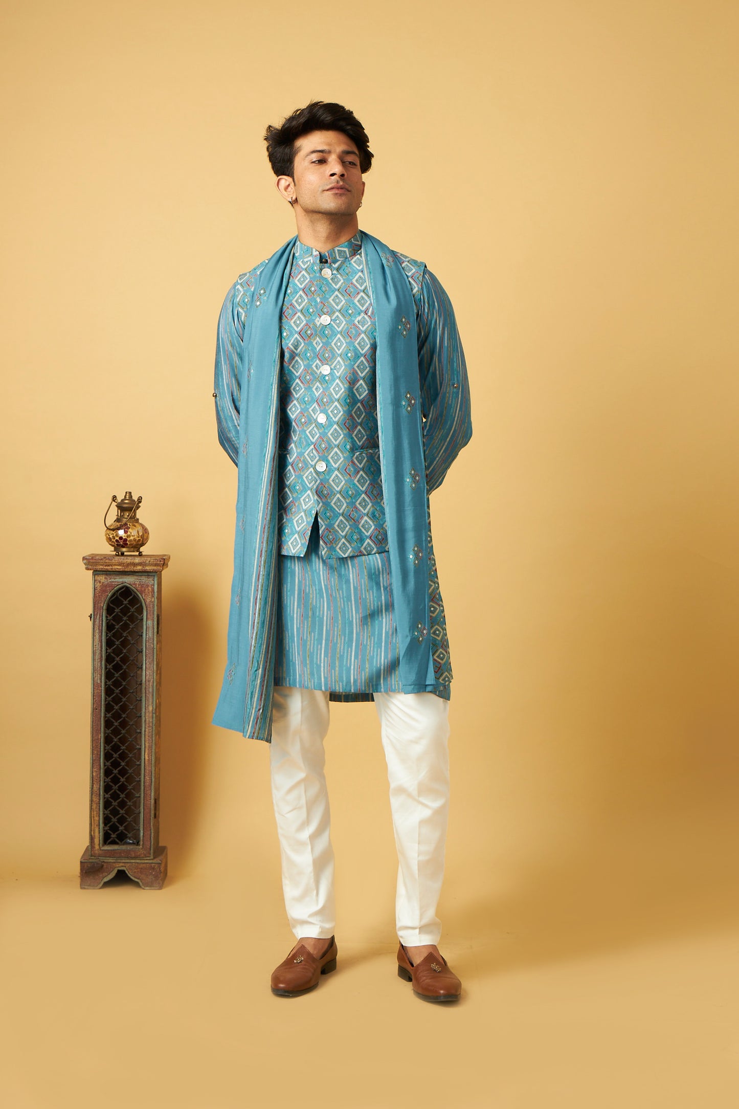 Classic Blue Jacket Kurta With Dupatta