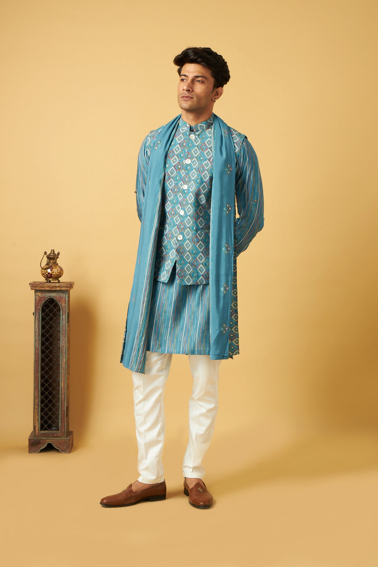 Classic Blue Jacket Kurta With Dupatta