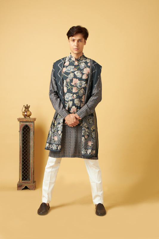 Elegant Teal Flower Print Jacket Kurta Set With Dupatta