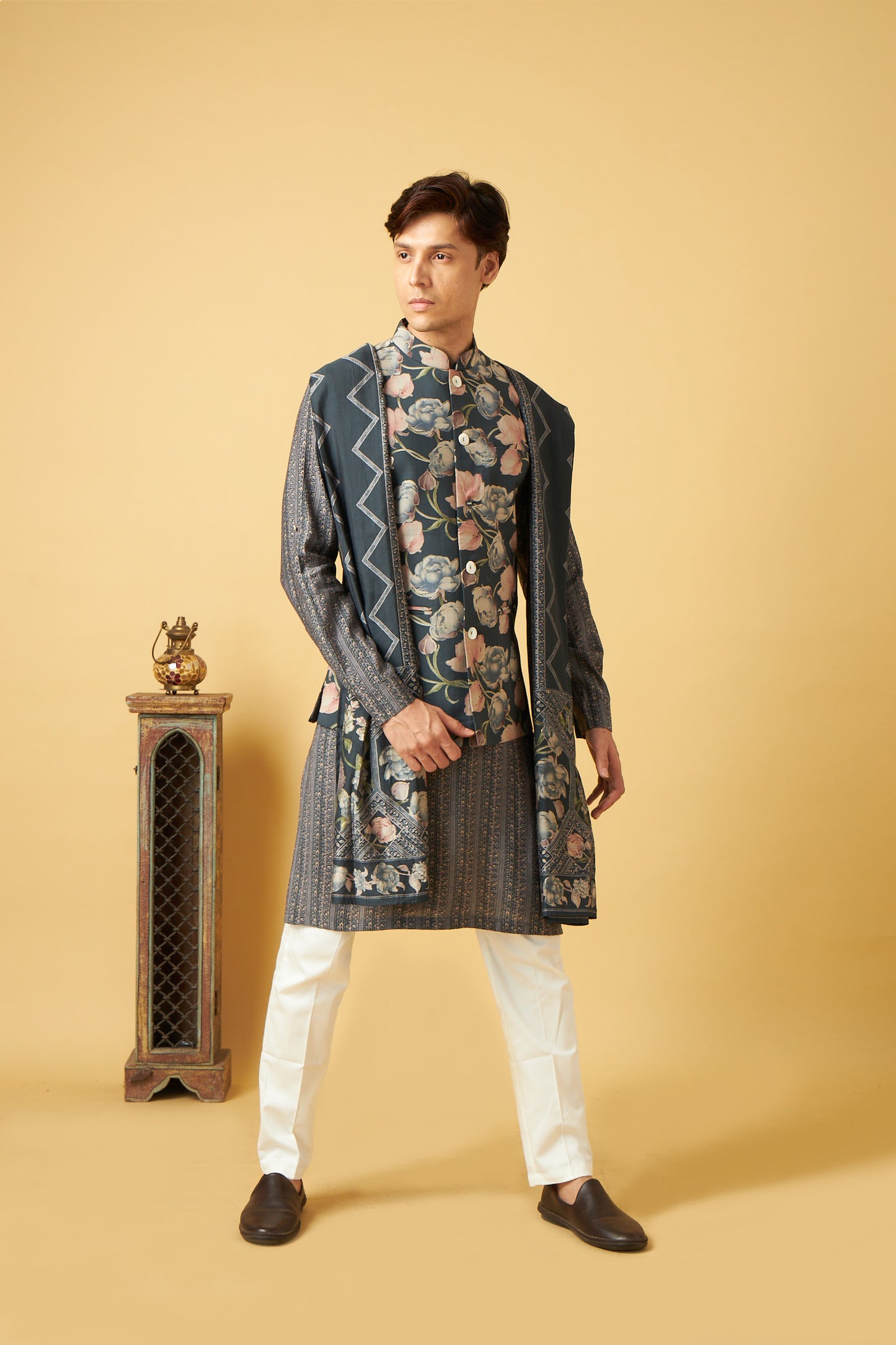 Elegant Teal Flower Print Jacket Kurta Set With Dupatta