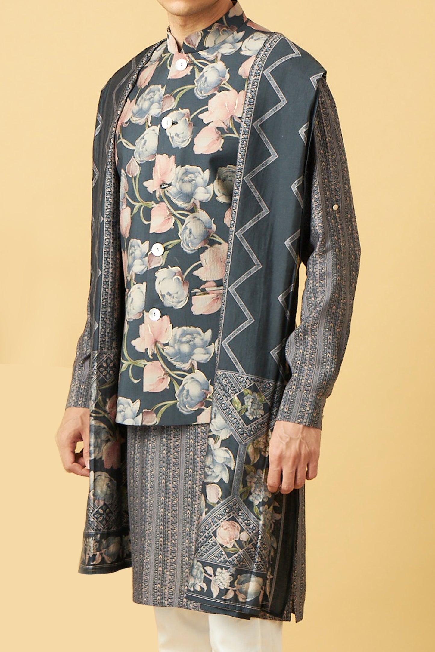 Elegant Teal Flower Print Jacket Kurta Set With Dupatta