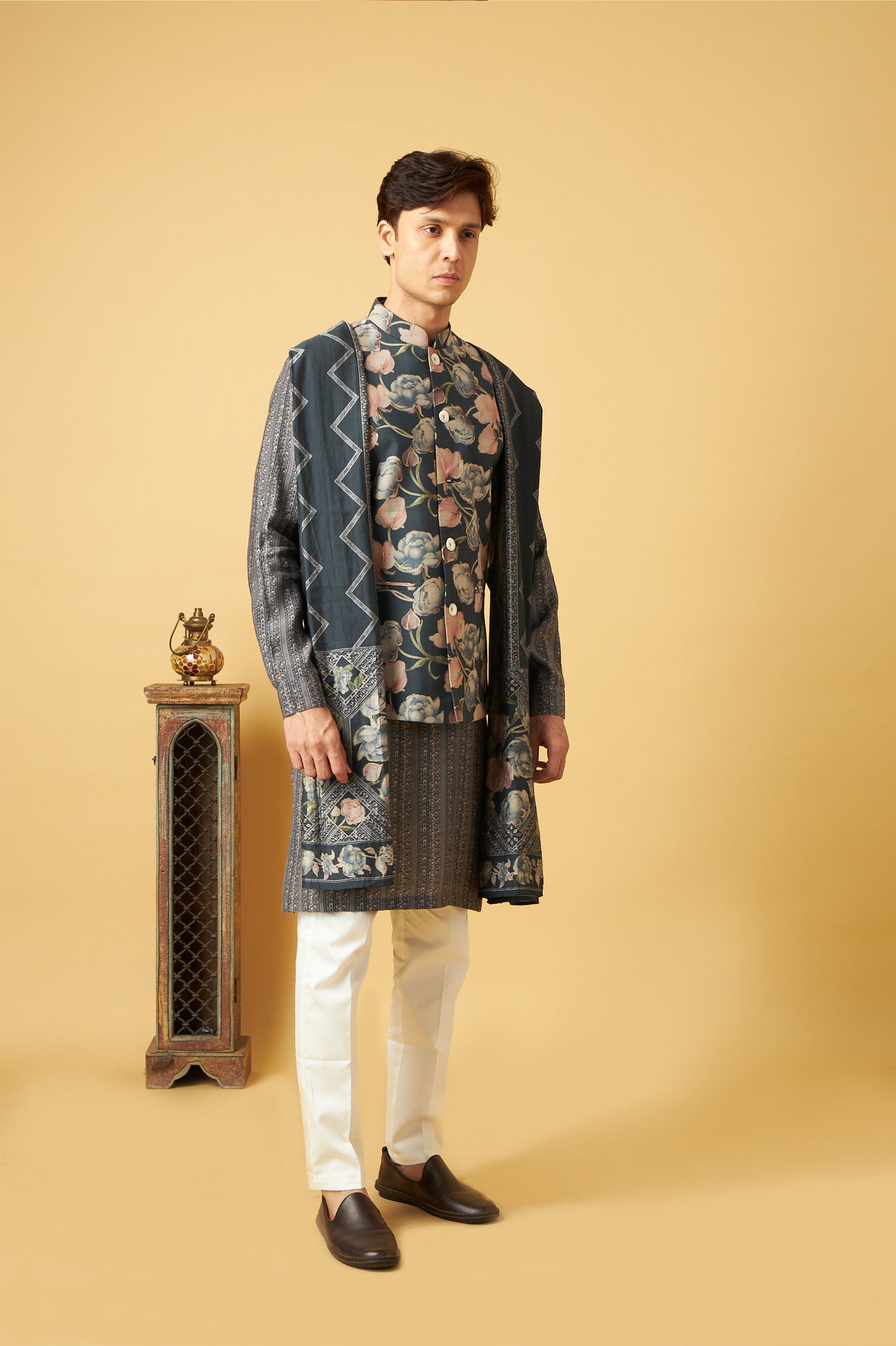 Elegant Teal Flower Print Jacket Kurta Set With Dupatta