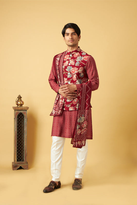 Red Flower print Jacket Kurta With Dupatta