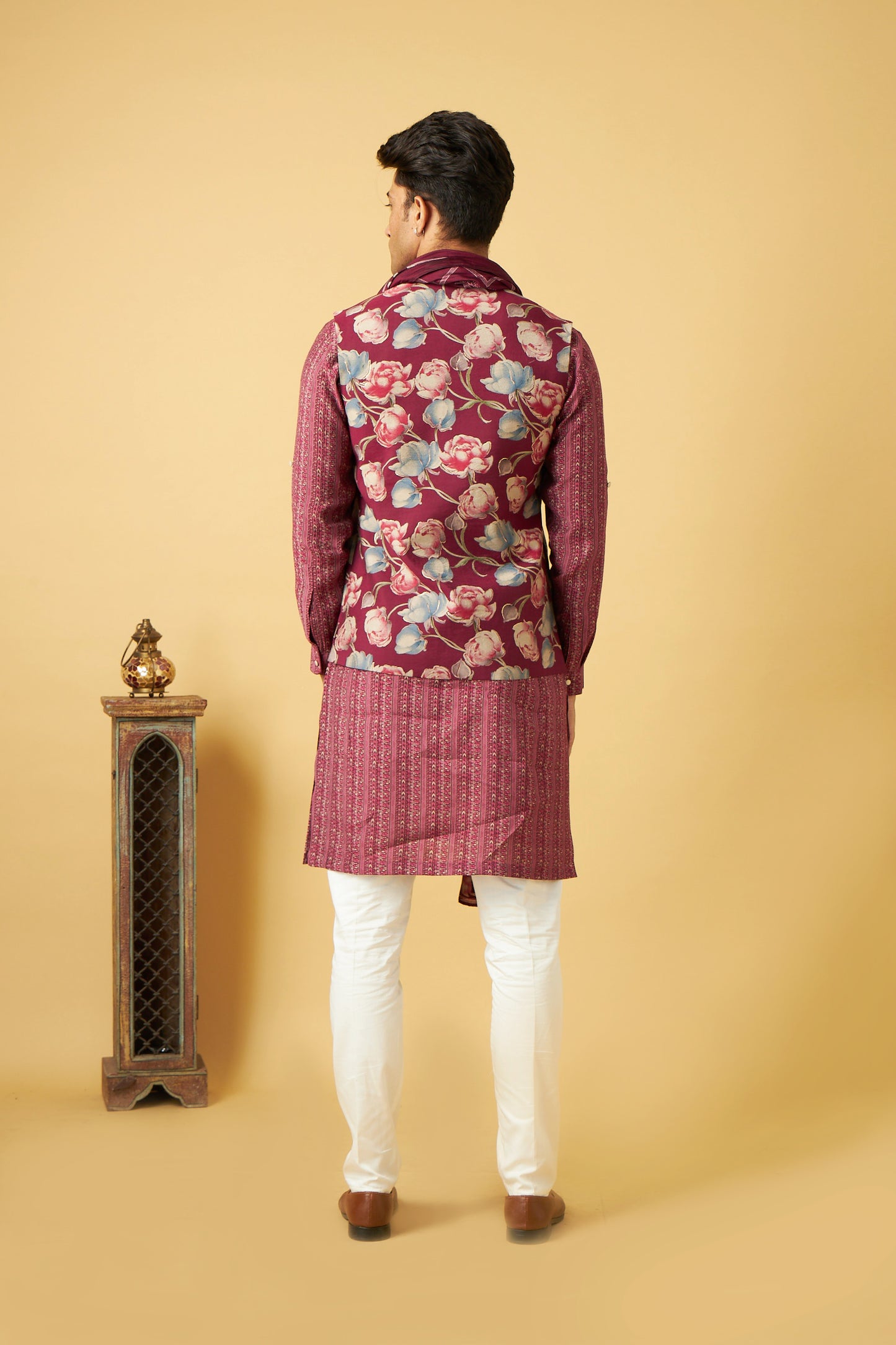 Pink Flower Print Jacket Kurta Set With Dupatta