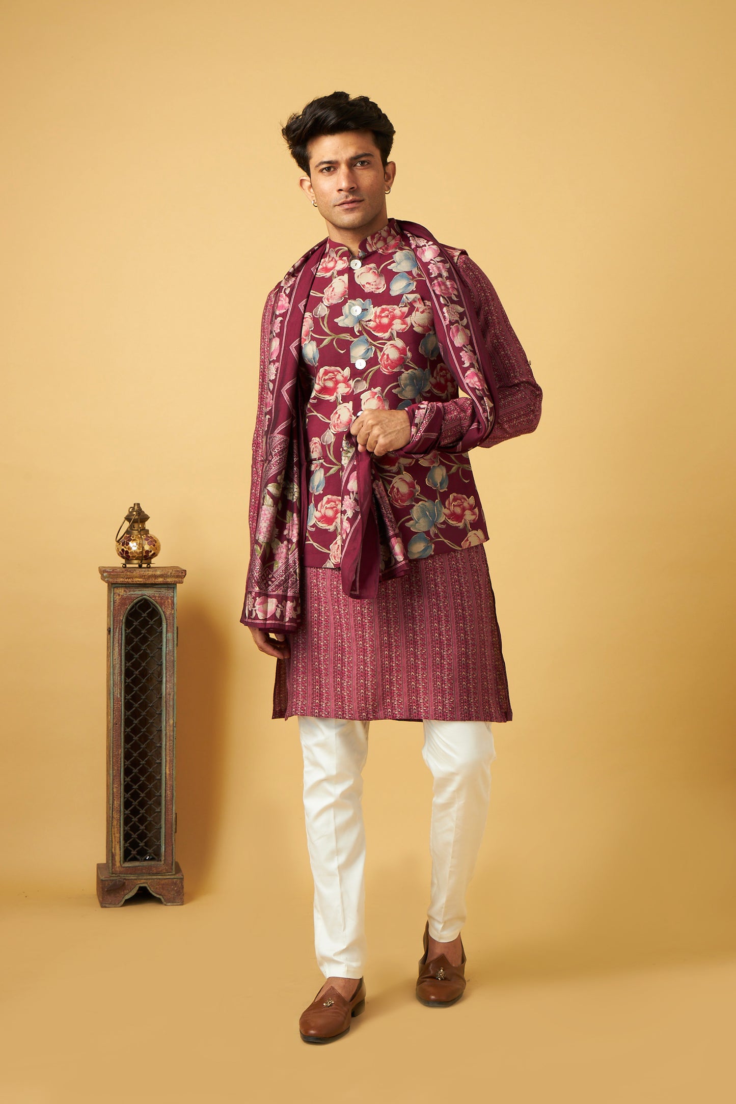 Pink Flower Print Jacket Kurta Set With Dupatta