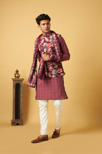 Pink Flower Print Jacket Kurta Set With Dupatta