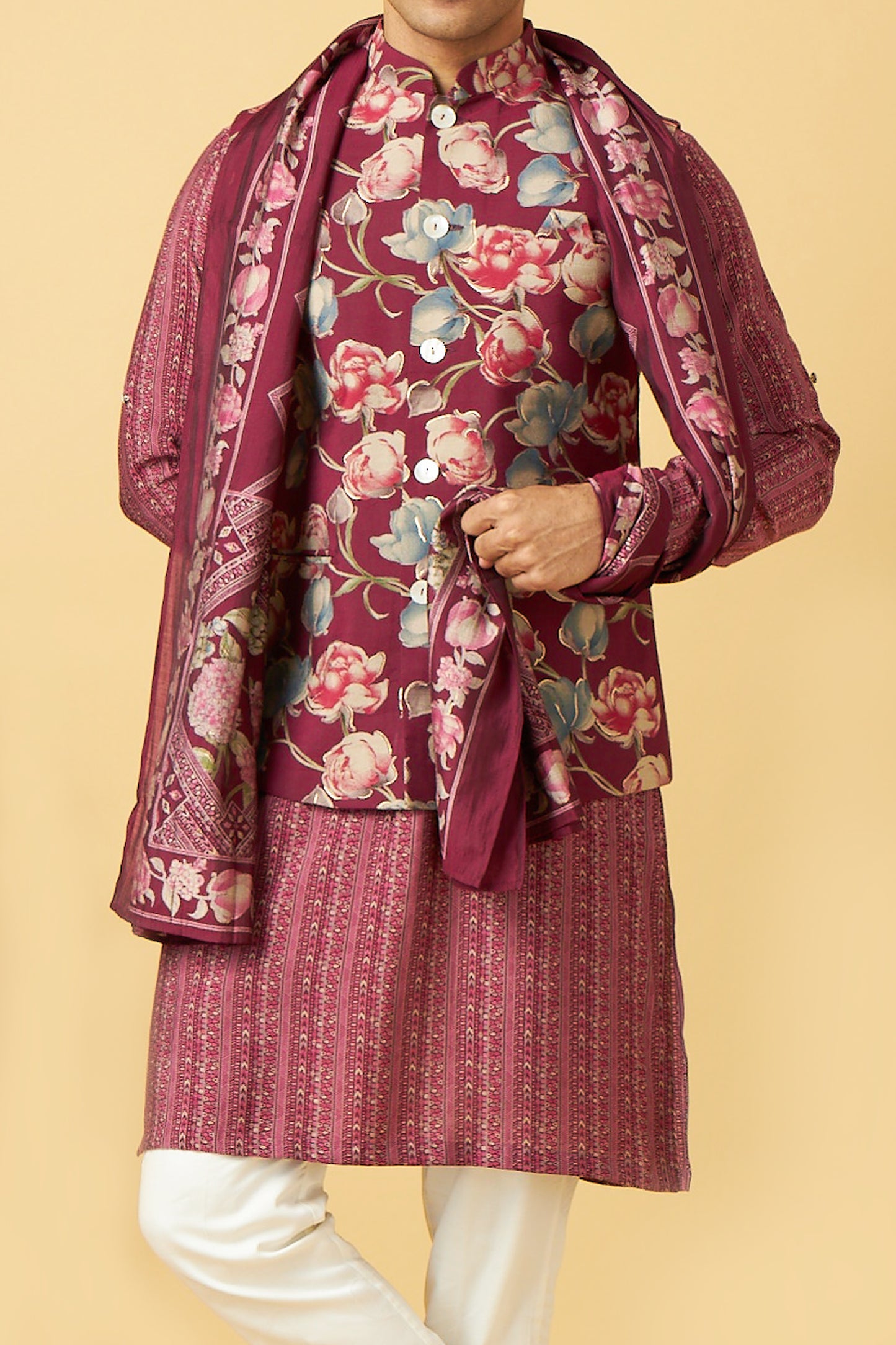 Pink Flower Print Jacket Kurta Set With Dupatta