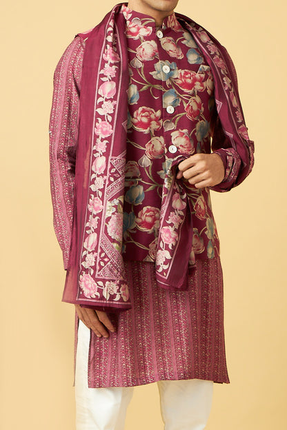 Pink Flower Print Jacket Kurta Set With Dupatta