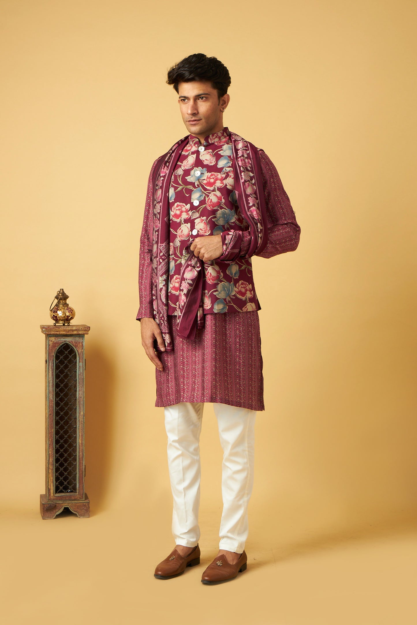 Pink Flower Print Jacket Kurta Set With Dupatta